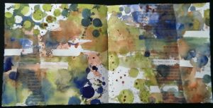 Step seven:  tape removed while washes still wet and mixing, to create some white space but very few actual white tape rectangles. 