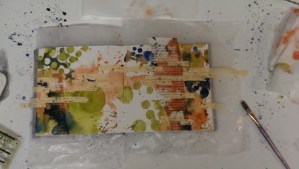 Step five:  more serpentine green and some Indanthrone blue, again with the template to get some circles.