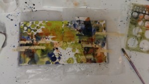 Step six:  Additional blue and green added to fill more of the page and balance the composition.  Some use of the template, some space filled with wash.  Entire page completed while each wash color was mostly wet to get blended effects.